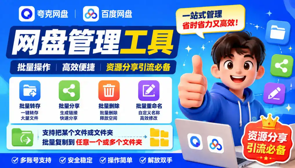 夸克网盘批量文件重命名，批量转存、批量分享、批量复制，内置AI功能-资源分享