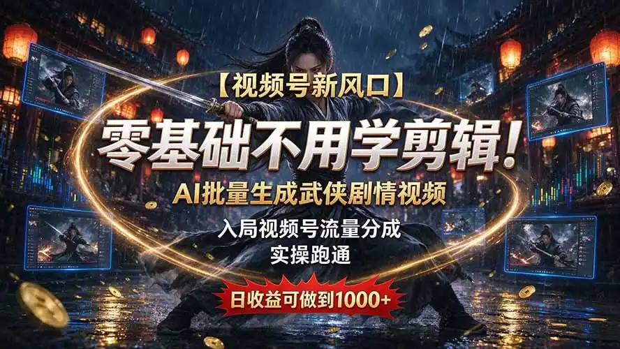 【视频号新风口】零基础不用学剪辑！AI 批量生成武侠剧情视频，入局视频号流量分成，实操跑通，日收益可做到 1000+-资源分享