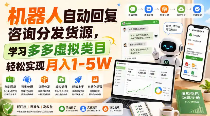 机器人自动回复咨询分发货源，学习多多虚拟类目轻松实现月入1-5W【揭秘】-资源分享