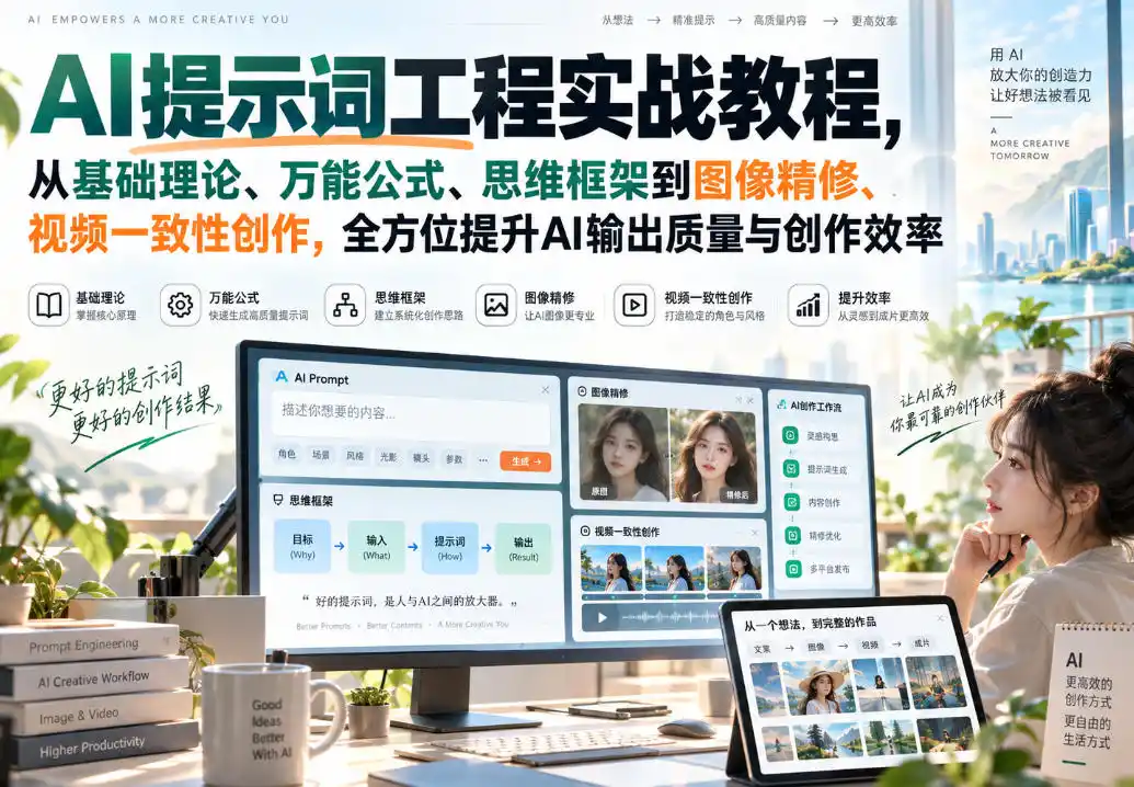 AI提示词工程实战教程，从基础理论、万能公式、思维框架到图像精修、视频一致性创作，全方位提升AI输出质量与创作效率-资源分享