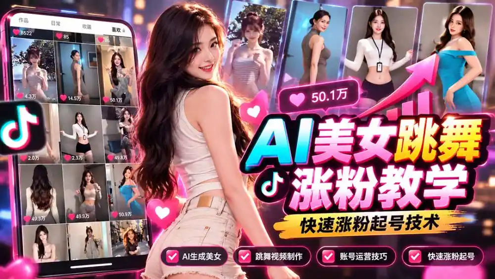 AI美女跳舞涨粉教学,AI生成美女,跳舞视频制作,账号运营与快速起号涨粉-资源分享