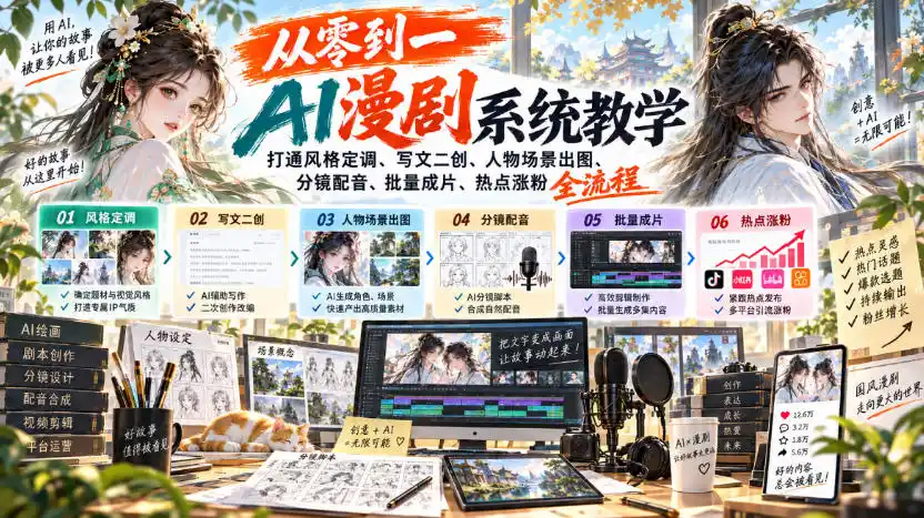 从零到一AI漫剧系统教学，打通风格定调、写文二创、人物场景出图、分镜配音、批量成片、热点涨粉全流程-资源分享