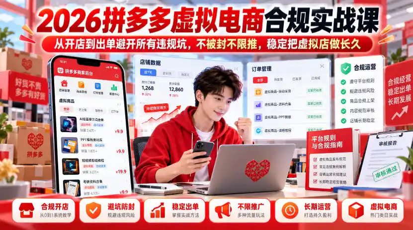 2026拼多多虚拟电商合规实战课，从开店到出单避开所有违规坑，不被封不限推，稳定把虚拟店做长久-资源分享