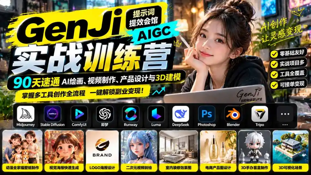 GenJi AIGC实战训练营：90天速通AI绘画、视频制作、产品设计与3D建模，掌握多工具创作全流程-资源分享