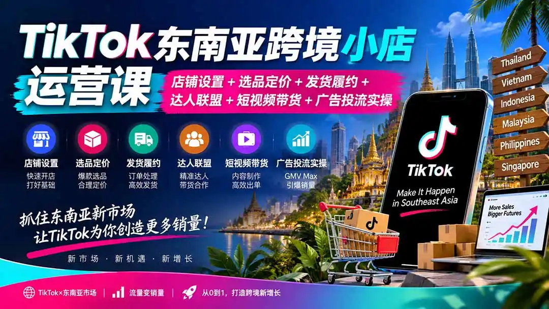 TikTok东南亚跨境小店运营课：店铺设置+选品定价+发货履约+达人联盟+短视频带货+广告投流实操-资源分享