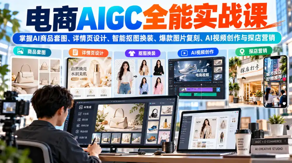 电商AIGC全能实战课：掌握AI商品套图、详情页设计、智能抠图换装、爆款图片复刻、AI视频创作与探店营销-资源分享