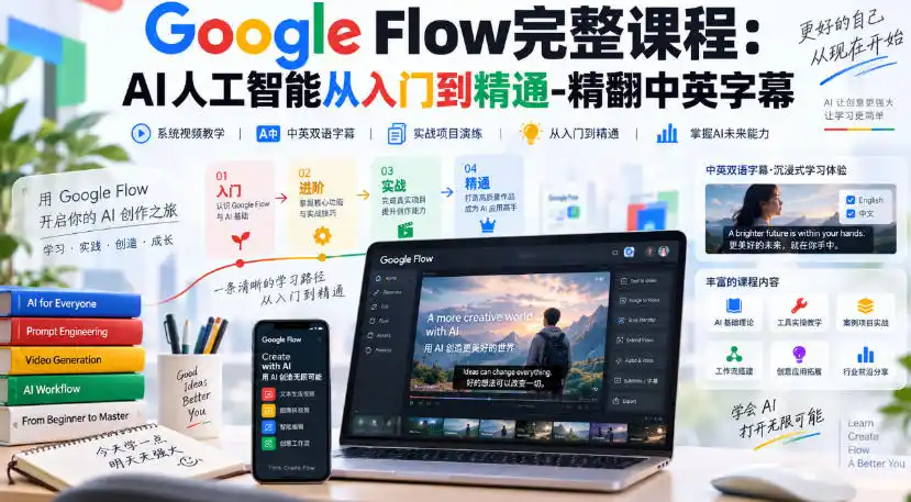 【无水印】Google Flow完整课程：AI人工智能从入门到精通-精翻中英字幕-资源分享