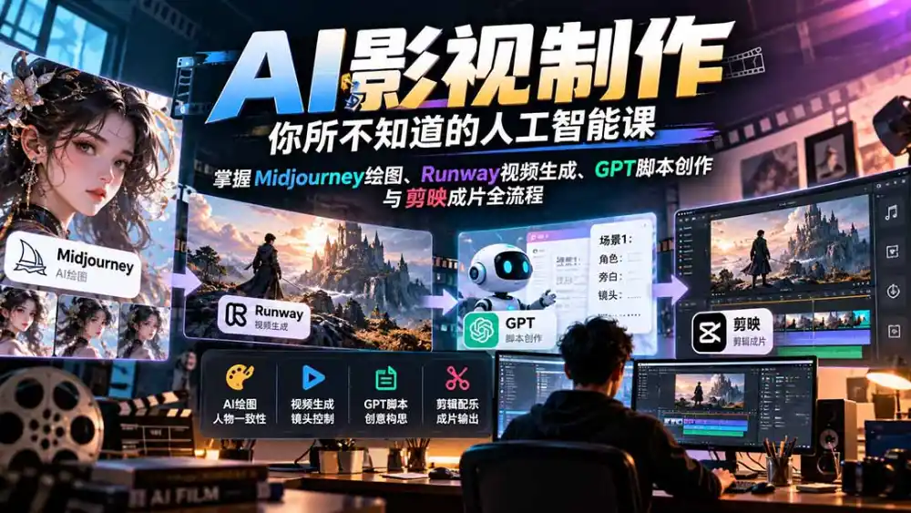 【无水印】AI影视制作-你所不知道的人工智能课，掌握Midjourney绘图、Runway视频生成、GPT脚本创作与剪映成片全流程-资源分享