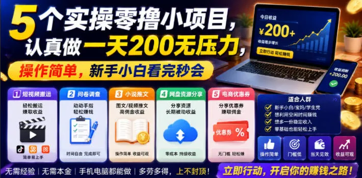 5个实操零撸小项目，认真做一天200无压力，操作简单，新手小白看完秒会【揭秘】-资源分享