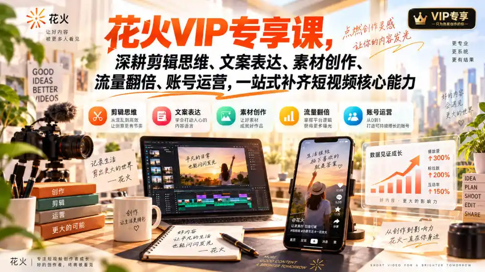 花火VIP专享课，深耕剪辑思维、文案表达、素材创作、流量翻倍、账号运营，一站式补齐短视频核心能力-资源分享