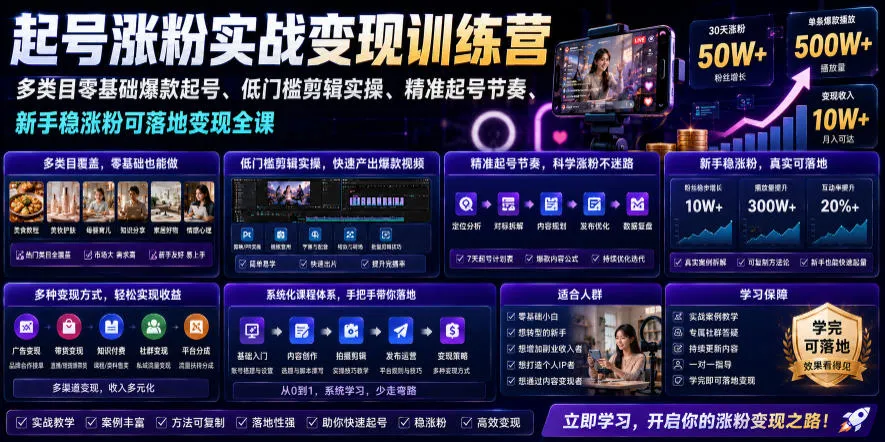 苗子起号涨粉实战变现训练营,多类目零基础爆款起号、精准起号节奏、新手稳涨粉可落地变现全课(更新0719)