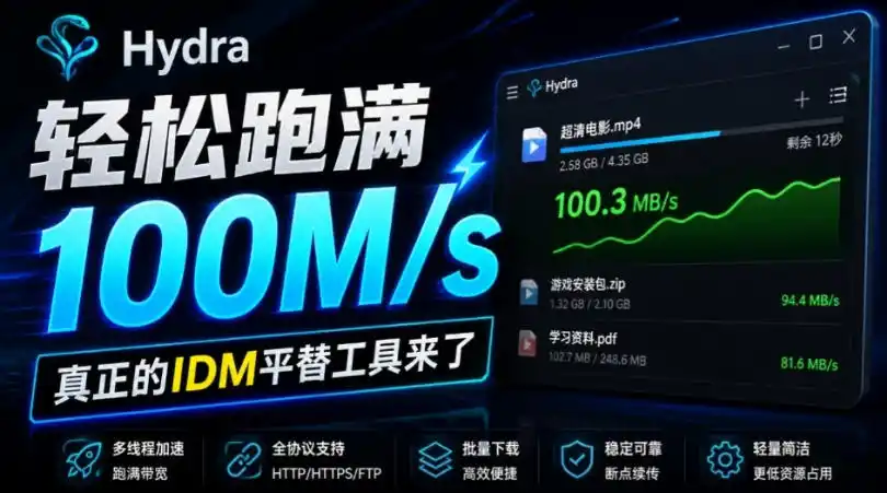 轻松跑满100M/s，真正的IDM平替工具来了，开源多线程器，支持浏览器拓展，一键智能加速Hydra Download Manager-资源分享