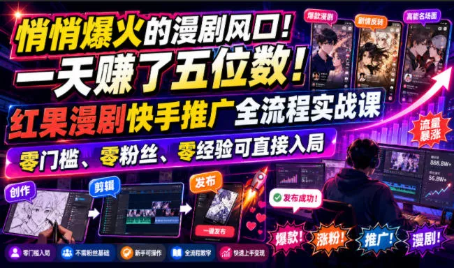 悄悄爆火的漫剧风口！一天賺了五位数！红果漫剧快手推广全流程实战课，零门槛、零粉丝、零经验可直接入局-资源分享