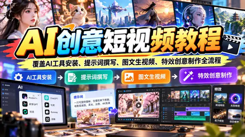 AI创意短视频教程，覆盖AI工具安装、提示词撰写、图文生视频、特效创意制作全流程-资源分享