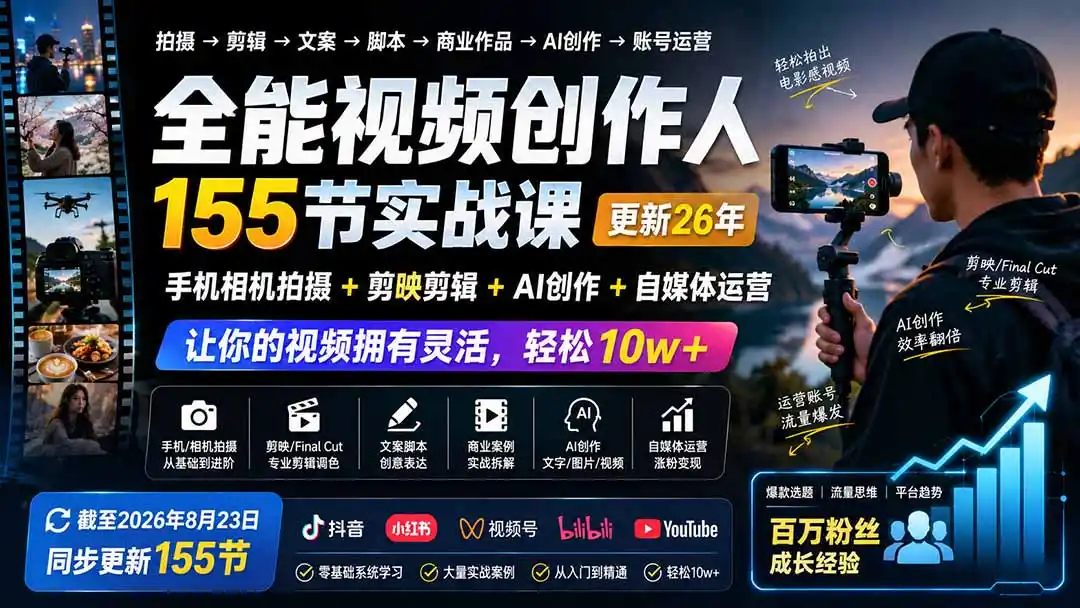 全能视频创作人155节实战课-更新26年8月：手机相机拍摄+剪映剪辑+AI创作+自媒体运营，让你的视频拥有灵活，轻松10w-资源分享