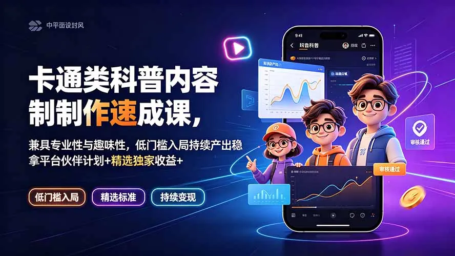 卡通类科普内容制作速成课，兼具专业性与趣味性，低门槛入局持续产出稳拿平台伙伴计划+精选独家收益-资源分享