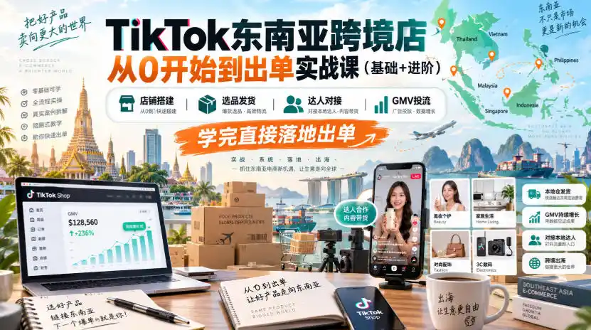 TikTok东南亚跨境店从0开始到出单实战课(基础+进阶)，店铺搭建、选品发货、达人对接、GMV投流，学完直接落地出单-资源分享
