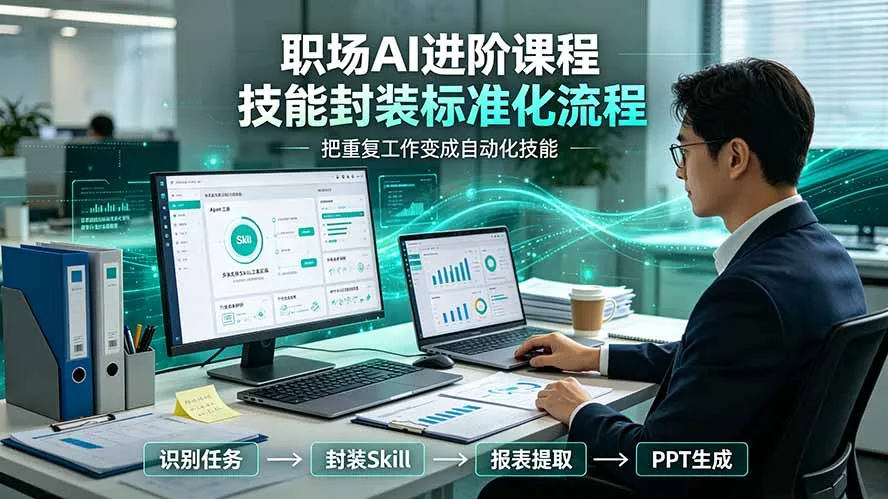 职场AI进阶课程；多类实用Skill工具实操，专属技能封装标准化流程，报表行业报告一键提取核心内容-资源分享