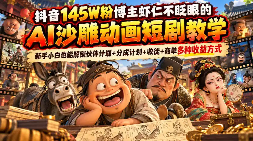 抖音145W粉博主虾仁不眨眼的AI沙雕动画短剧教学，新手小白也能解锁伙伴计划+分成计划+收徒+商单多种收益方式-资源分享