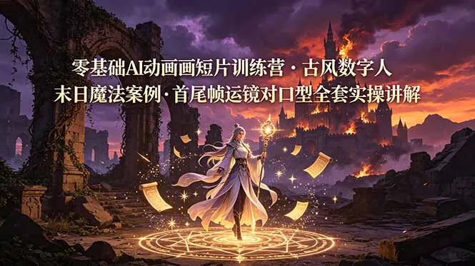零基础AI动画短片训练营，古风数字人末日魔法案例，首尾帧运镜对口型全套实操讲解-资源分享