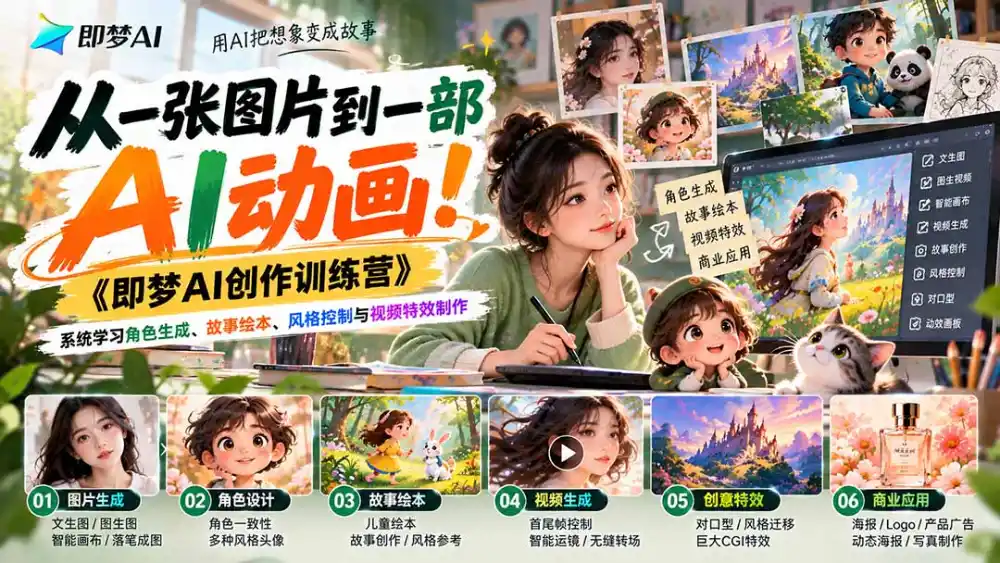 【无水印】从一张图片到一部AI动画！《即梦AI创作训练营》系统学习角色生成、故事绘本、风格控制与视频特效制作-资源分享