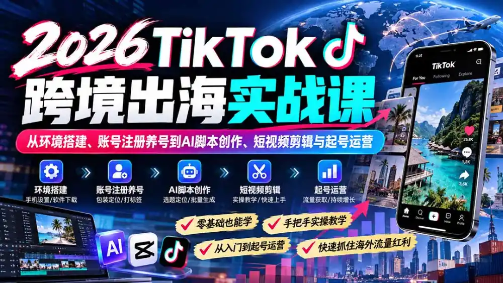 2026TikTok跨境出海实战课：从环境搭建、账号注册养号到AI脚本创作、短视频剪辑与起号运营-资源分享