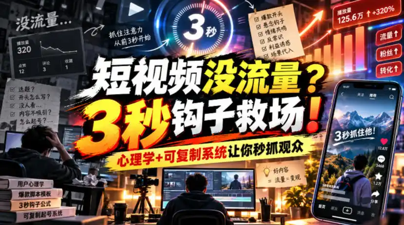 【无水印】短视频没流量?3秒钩子救场!心理学+可复制系统让你秒抓观众【原创双语字幕】