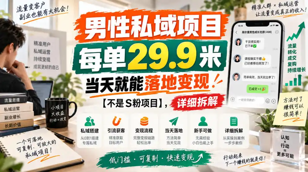 男性私域项目，每单29.9米，当天就能落地变现【不是S粉项目】，详细拆解-资源分享