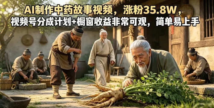 AI制作中药故事视频，涨粉35.8W，视频号分成计划+橱窗收益非常可观，简单易上手-资源分享