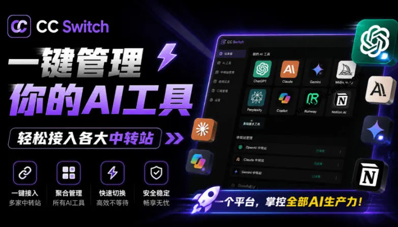 一键给Chatgpt、Codex、Claude接入地第三方中转站，CC Switch统一管理你的AI编程工具工作流-资源分享