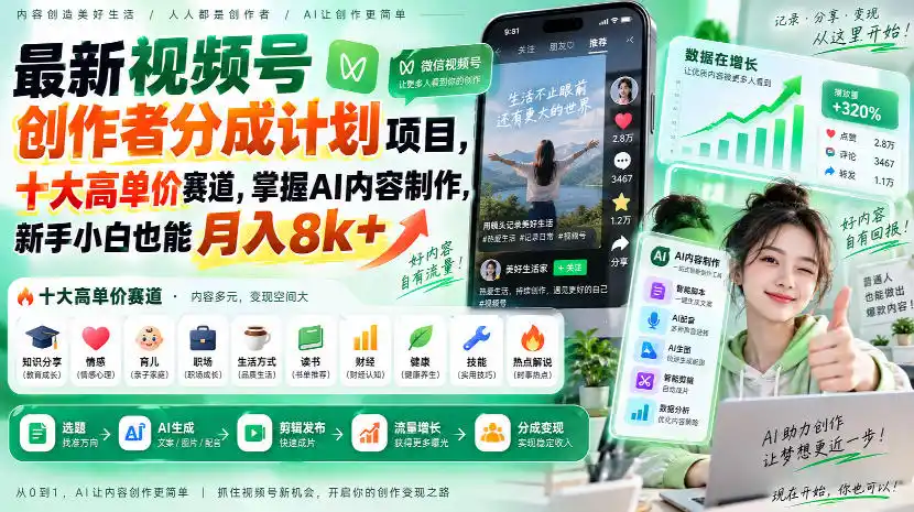 最新视频号创作者分成计划项目，十大高单价赛道，掌握AI内容制作，新手小白也能月入8k+-资源分享