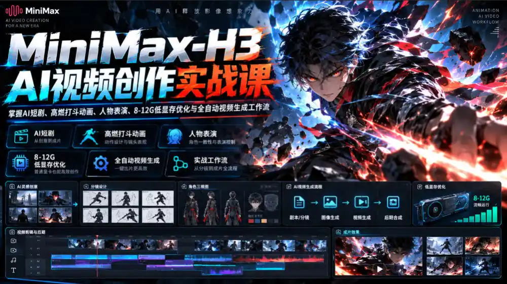 MiniMax-H3 AI视频创作实战课，掌握AI短剧、高燃打斗动画、人物表演、8-12G低显存优化与全自动视频生成工作流-资源分享