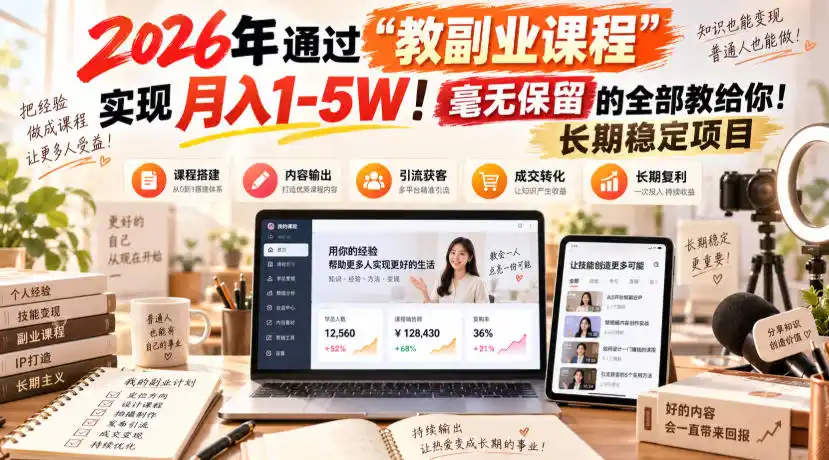 2026年通过“教副业课程”实现月入1-5W！毫无保留的全部教给你！长期稳定项目-资源分享