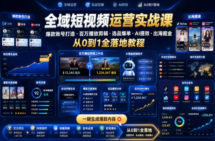 全域短视频运营实战课，爆款账号打造・百万播放剪辑・选品爆单・AI提效・出海掘金，从0到1全落地教程-资源分享