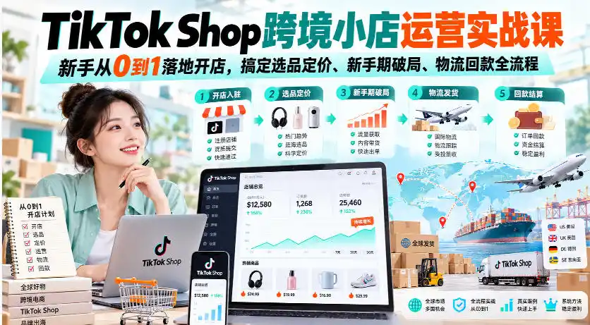 TikTok Shop跨境小店运营实战课，新手从0到1落地开店，搞定选品定价、新手期破局、物流回款全流程-资源分享