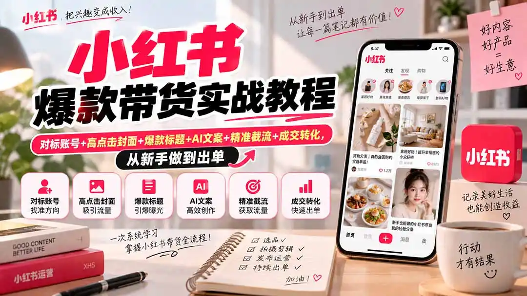 小红书爆款带货实战教程｜对标账号+高点击封面+爆款标题+AI文案+精准截流+成交转化，从新手做到出单-资源分享