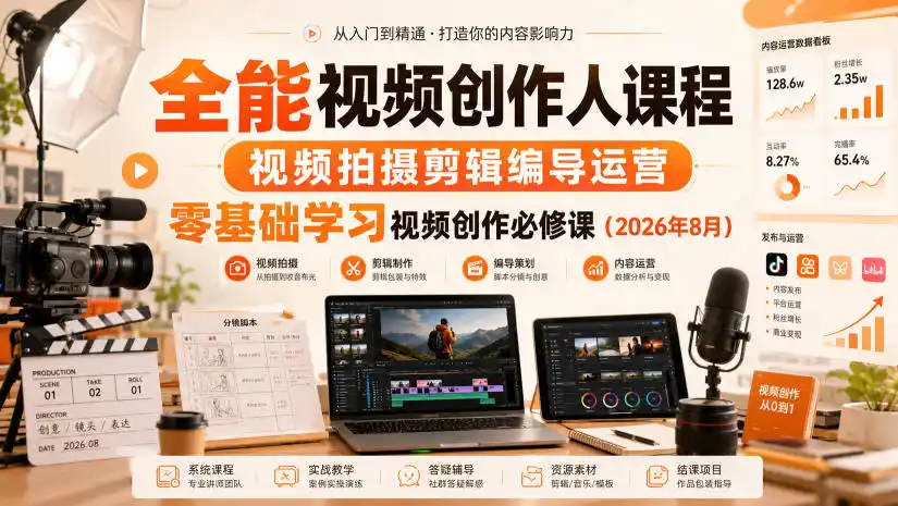全能视频创作人课程，视频拍摄剪辑编导运营，零基础学习视频创作必修课(2026年8月)-资源分享
