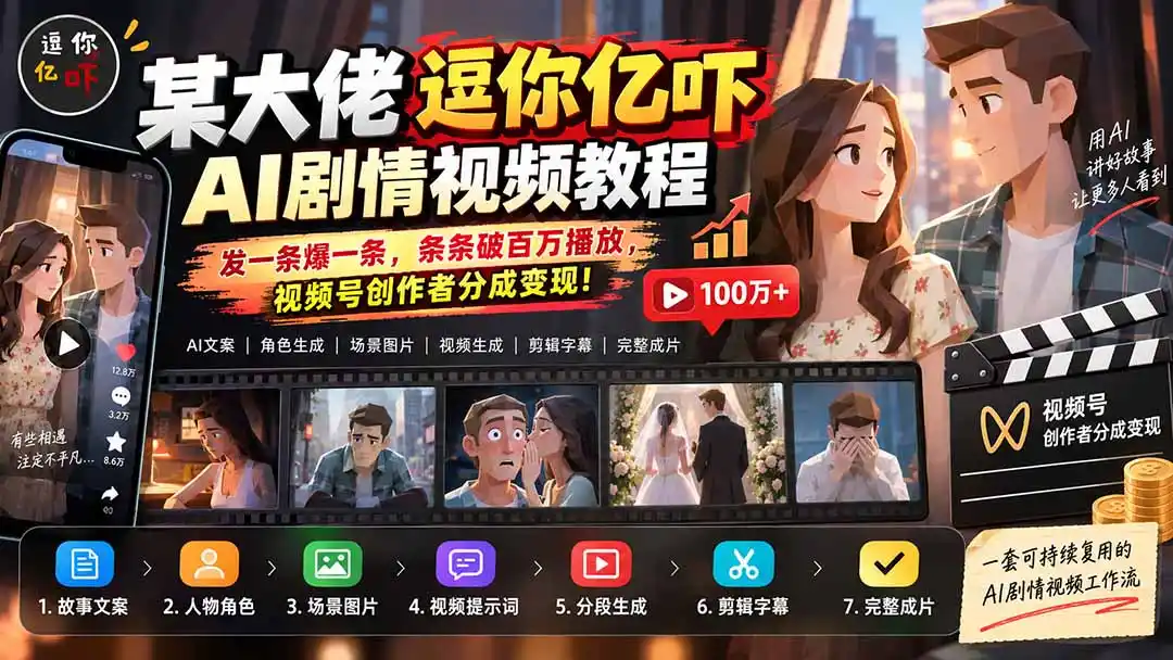 某大佬逗你亿吓AI低模剧情视频制作教程：发一条爆一条，条条破百万播放，利用视频号创作者分成变现!-资源分享