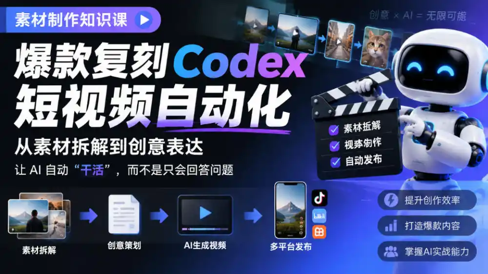 素材制作知识课，爆款复刻Codex短视频自动化，从素材拆解到创意表达，让AI自动“干活”，而不是只会回答问题-资源分享