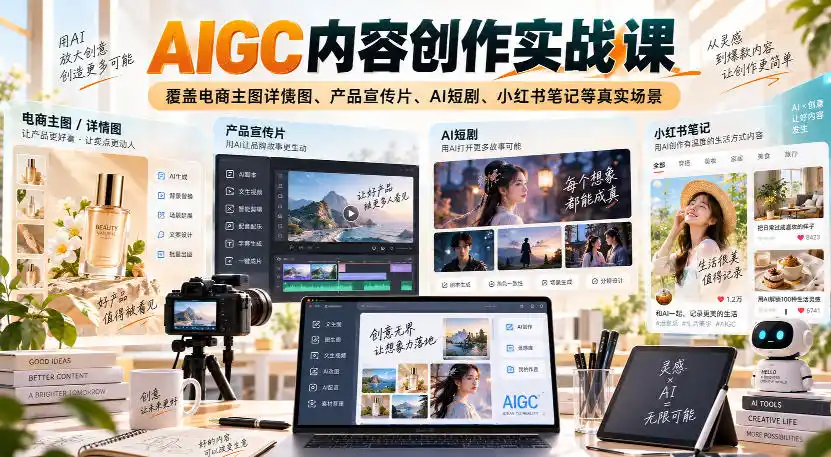 AIGC内容创作实战课，覆盖电商主图详情图、产品宣传片、AI短剧、小红书笔记等真实场景-资源分享