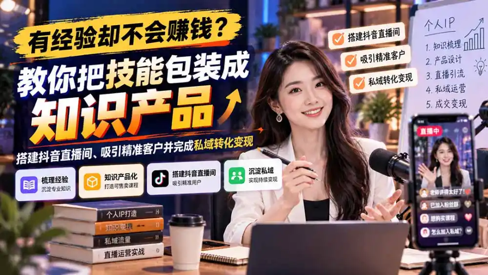 有经验却不会赚钱？教你把技能包装成知识产品，搭建抖音直播间、吸引精准客户并完成私域转化变现-资源分享
