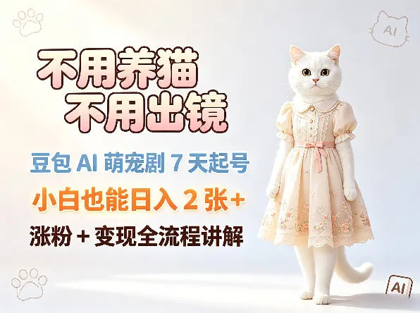 不用养猫不用出镜，豆包AI萌宠剧7天起号，小白也能日入2张+，涨粉+变现全流程讲解-资源分享