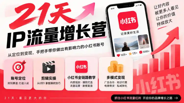 21天IP流量增长营，小红书全链路教学，账号定位剪辑实操，多模式变现系统课-资源分享