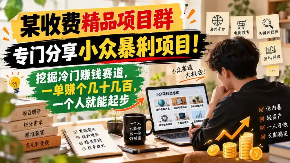 某收费精品项目群，专门分享小众暴俐项目！挖掘冷门赚钱赛道，一单赚个几十几百，一个人就能起步-资源分享