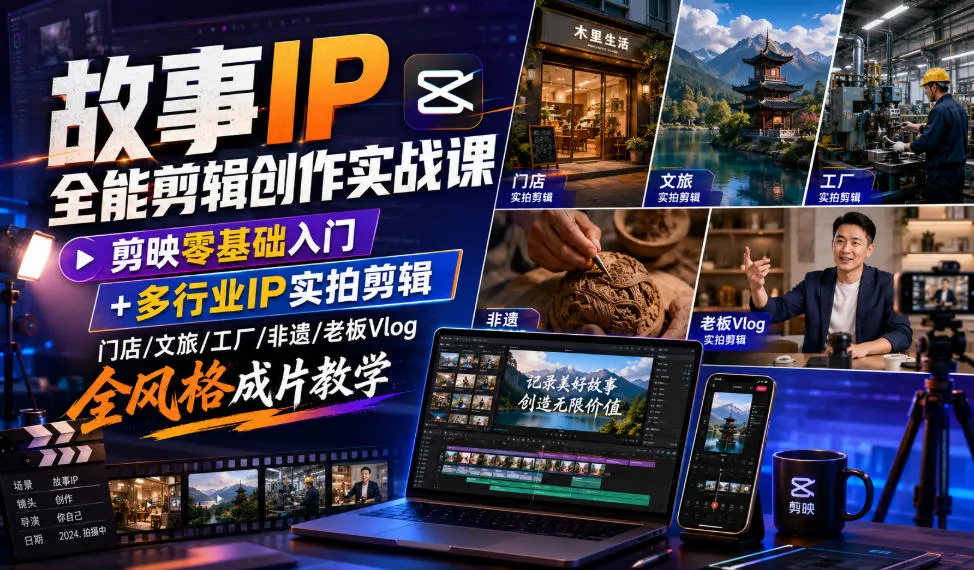故事IP全能剪辑创作实战课｜剪映零基础入门+多行业IP实拍剪辑，门店/文旅/工厂/非遗/老板Vlog全风格成片教学-资源分享