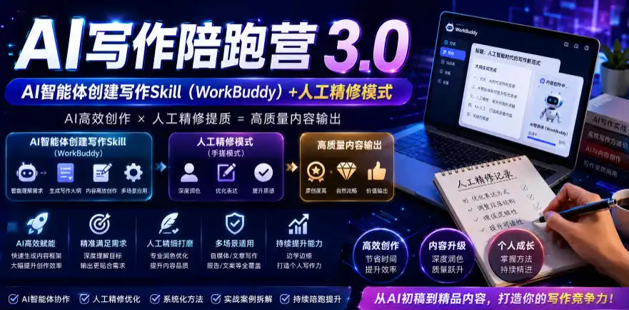 AI写作陪跑营3.0，Ai智能体创建写作skill(workbuddy)+人工手写模式(手搓模式)，去除AI痕迹(头条号、公众号、百家号)(更新0814)-资源分享