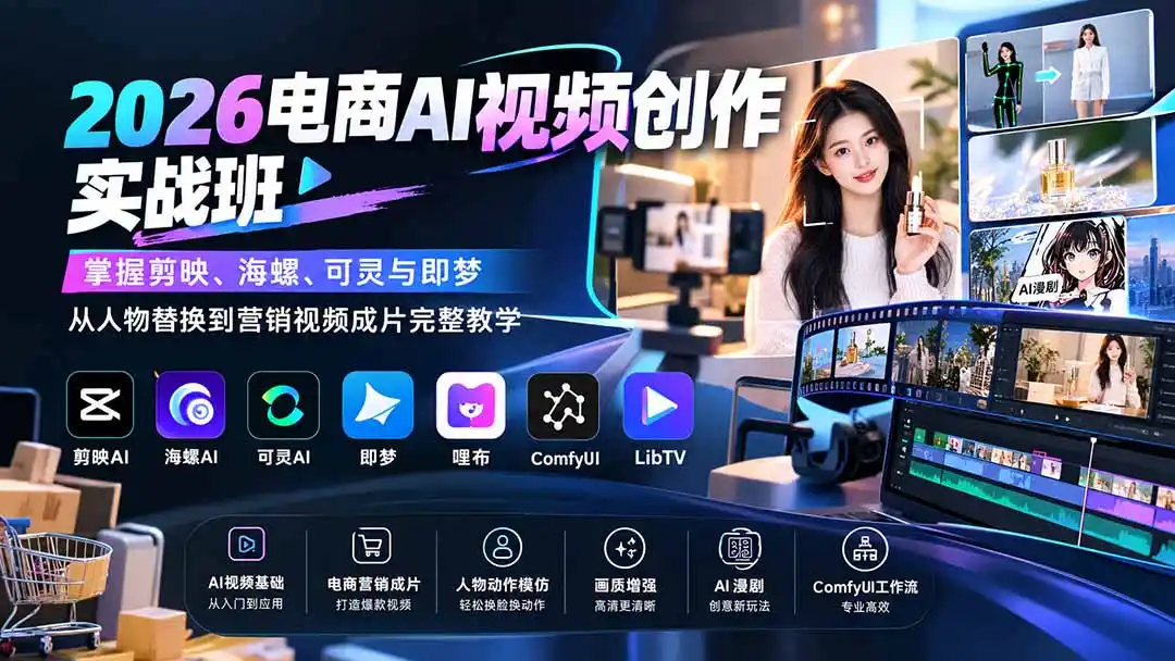 2026电商AI视频创作实战班：掌握剪映、海螺、可灵与即梦，从人物替换到营销视频成片完整教学-资源分享
