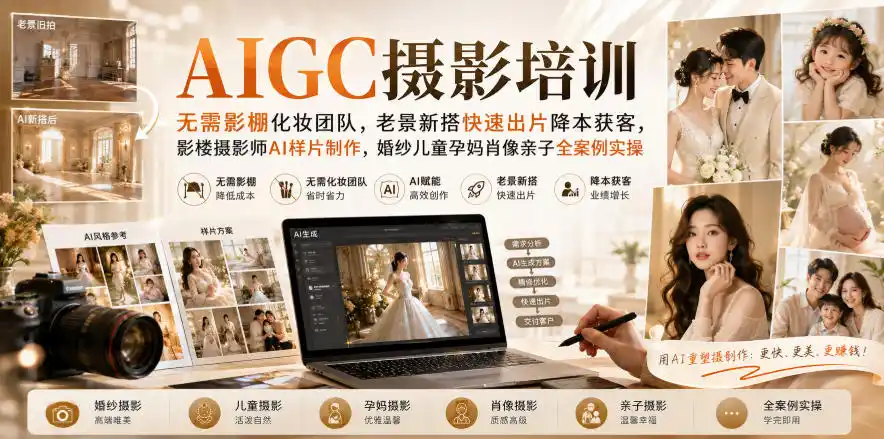 AIGC摄影培训｜无需影棚化妆团队，老景新搭快速出片降本获客，影楼摄影师AI样片制作，婚纱儿童孕妈肖像亲子全案例实操-资源分享