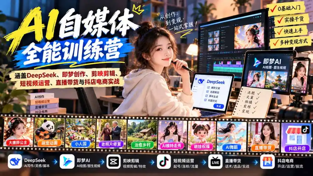 【无水印】AI+自媒体全能训练营：涵盖DeepSeek、即梦创作、剪映剪辑、短视频运营、直播带货与抖店电商实战-资源分享
