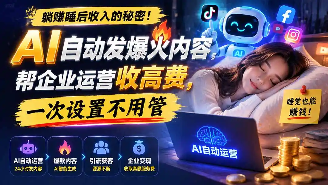 躺赚睡后收入的秘密！AI 自动发爆火内容，帮企业运营收高费，一次设置不用管【原创双语字幕】-资源分享